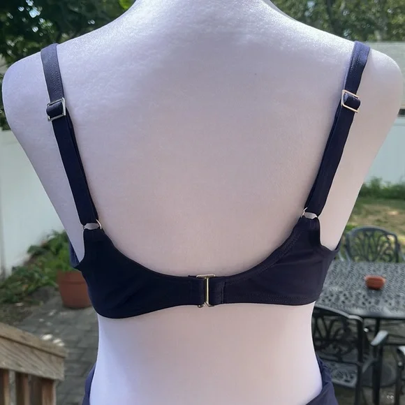 DKNY 2pc. Bikini Bathing Suit. Retro Style Hi Waist w/Padded Underwire Bra. Navy - Picture 7 of 12